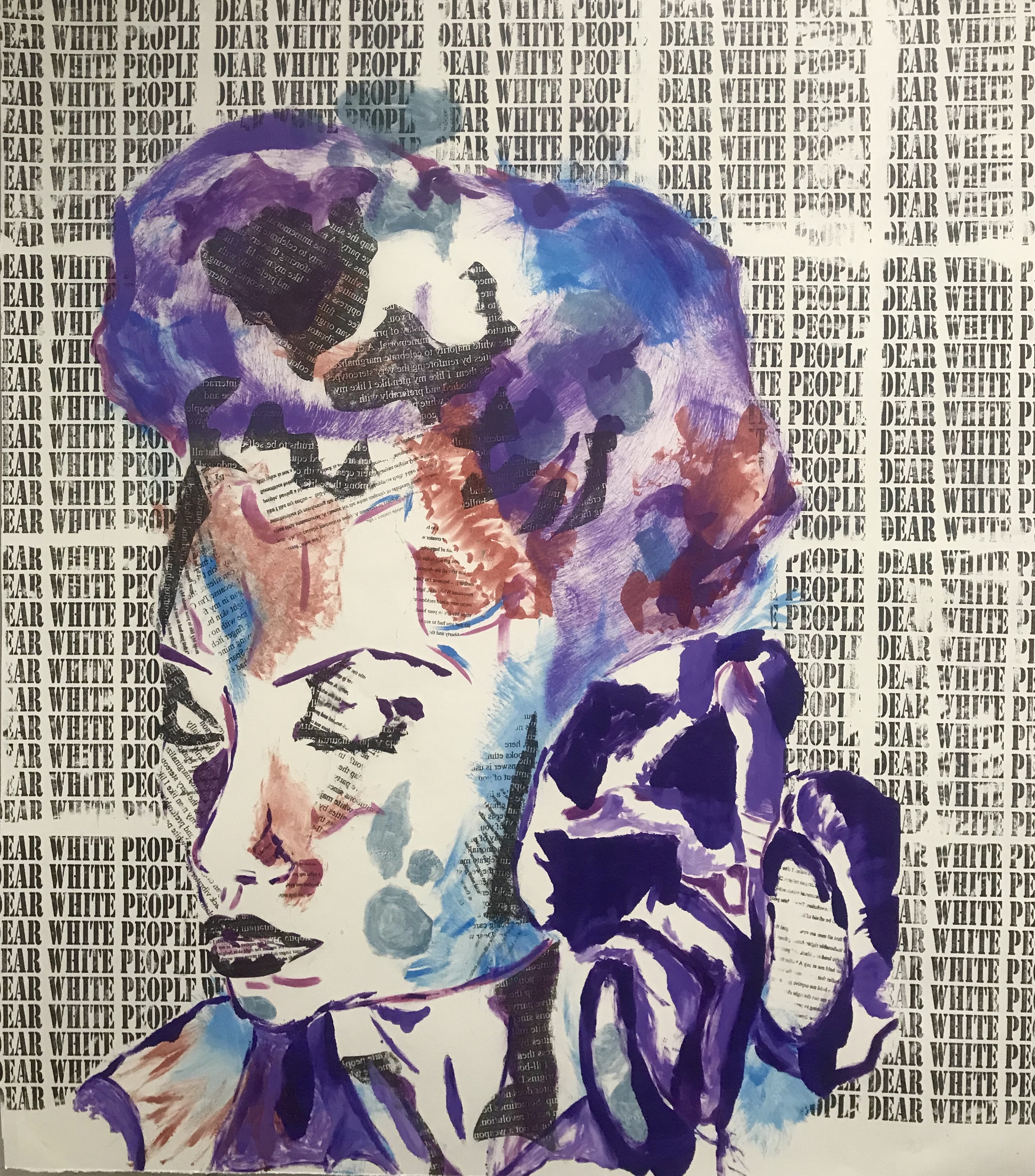 Multi-material piece of woman with purple hair.