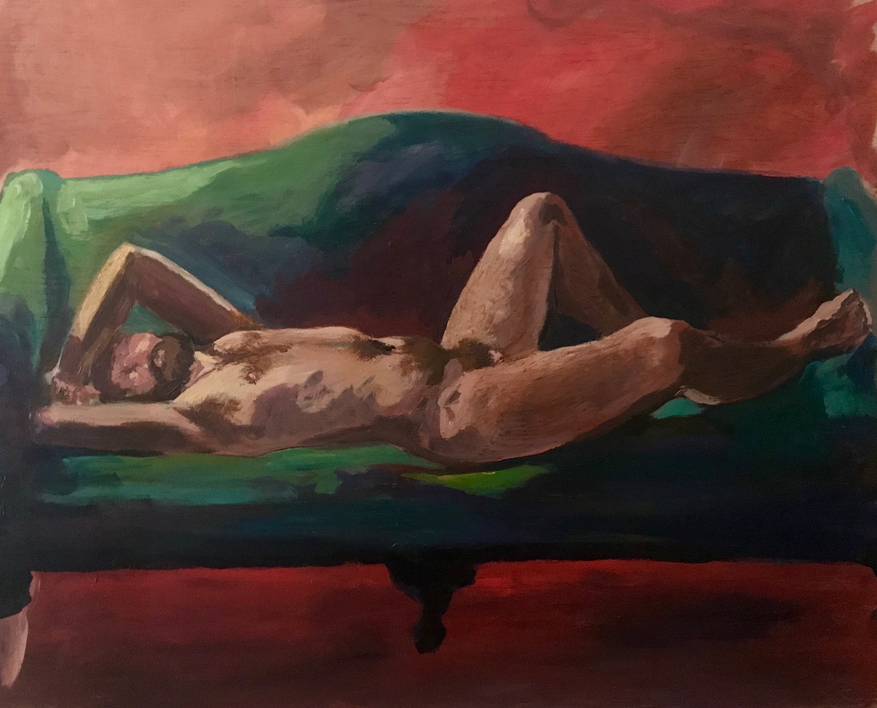 Nude painting of a man on a sofa.