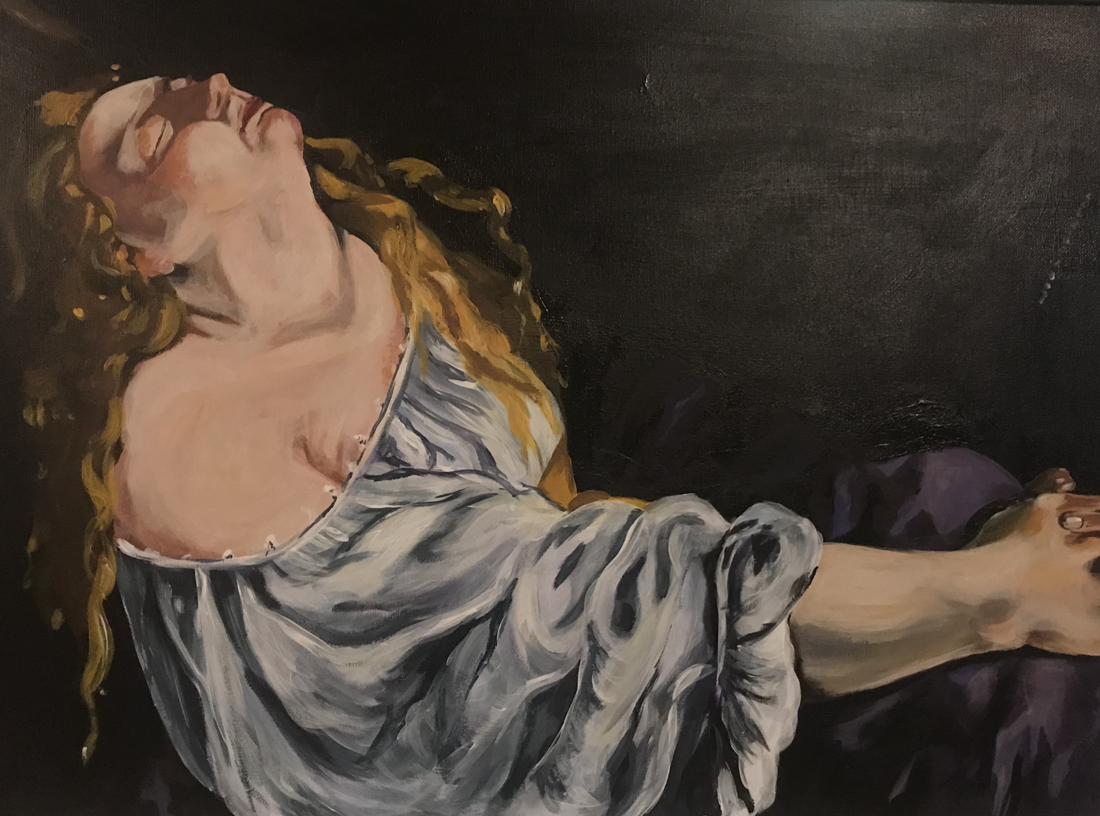 Acrylic painting of a woman leaning back filled with ecstasy.