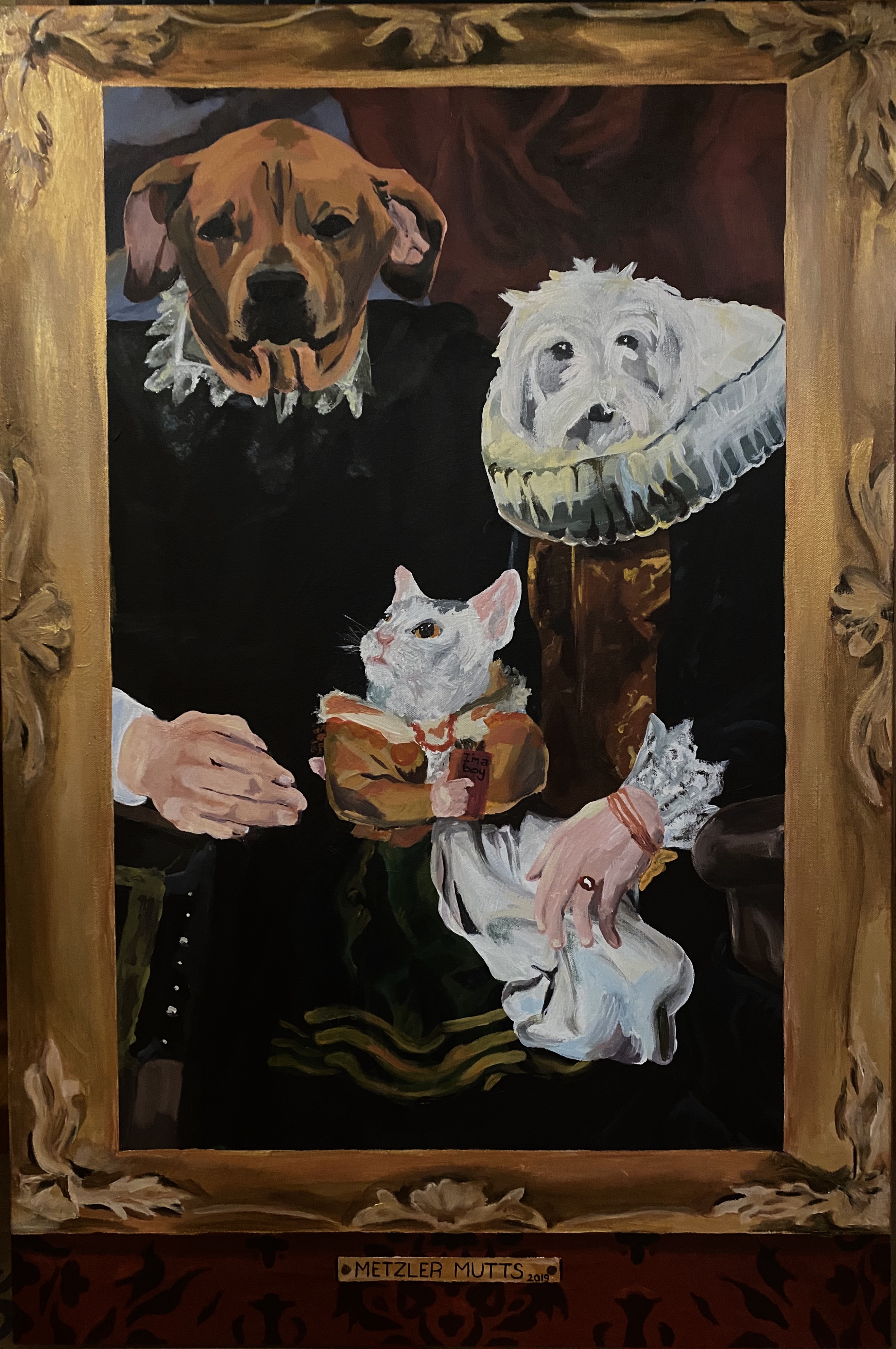 Painting including a two dogs and a cat dressed and positioned as a 17th century family.