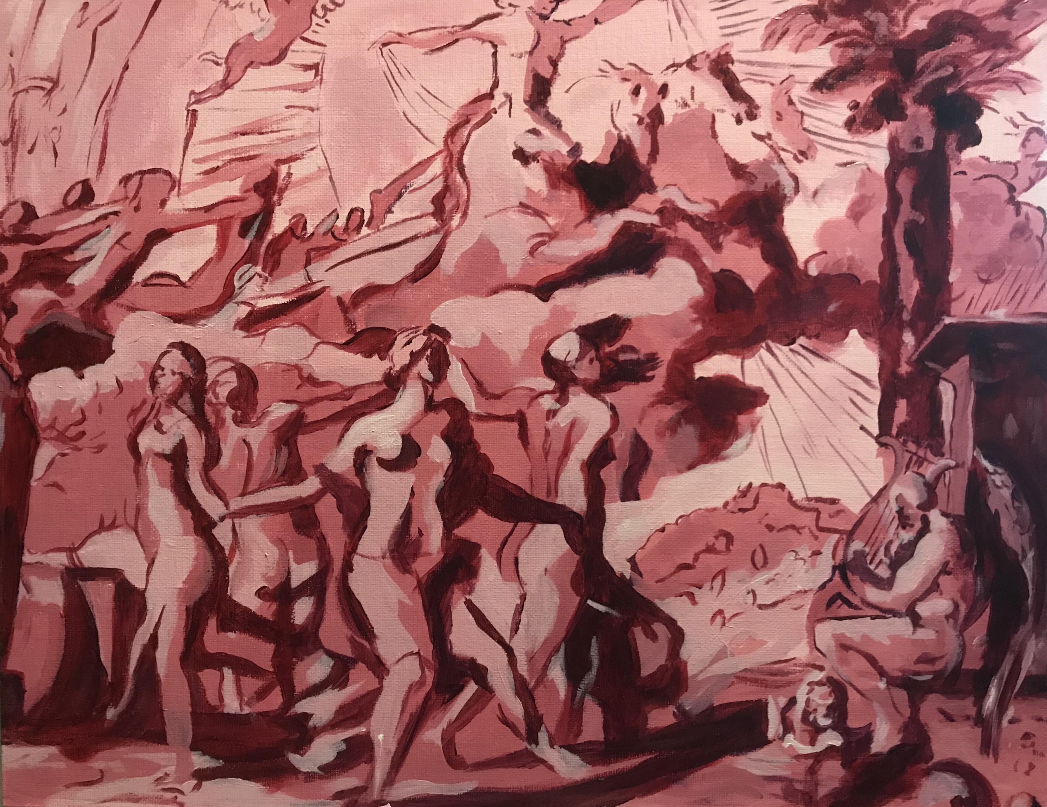 Acrylic painting of nude women using varying tones of the color pinkk.